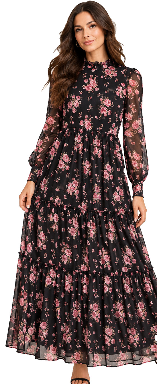 H&M DIVIDED BLACK PINK FLORAL MESH TIERED MAXI DRESS LONG SLEEVE SIZE M